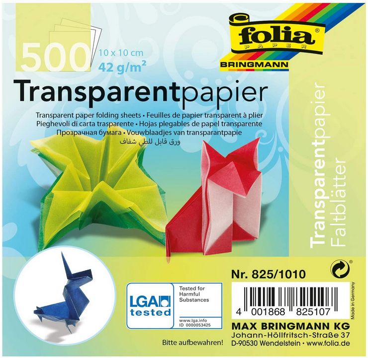 Faltblätter aus Transparentpapier, 500 Blatt, farbig sortiert Faltblätter aus Transparentpapier, 500 Blatt, farbig sortiert
