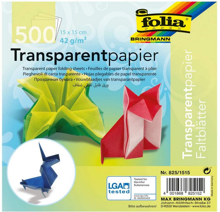 Faltblätter aus Transparentpapier, 500 Blatt, farbig sortiert Faltblätter aus Transparentpapier, 500 Blatt, farbig sortiert