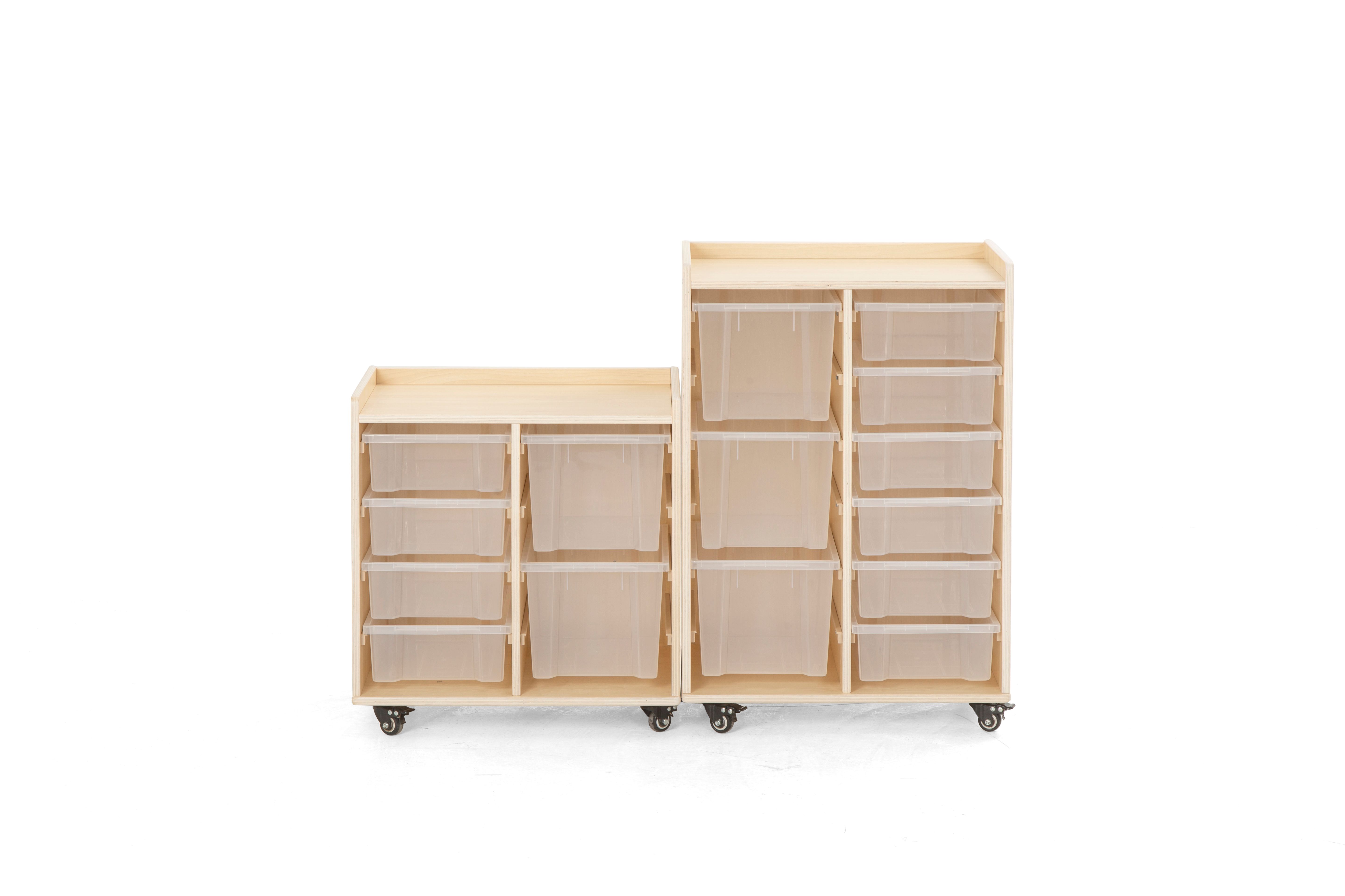 Mobile Regale mit 6 und 9 Kunststoffboxen
