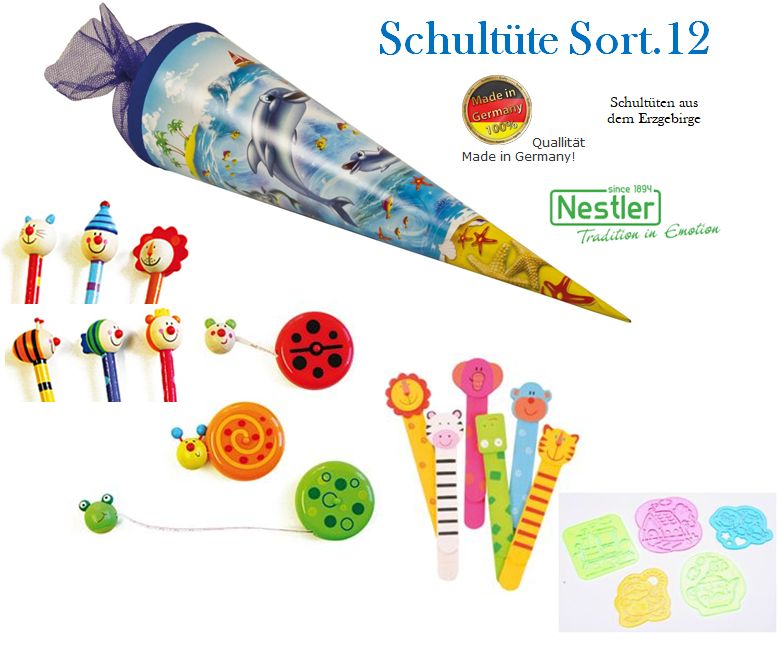 Zuckertüte / Schultüte Delfine & Tier ABC mit Inhalt - Sortiment 12