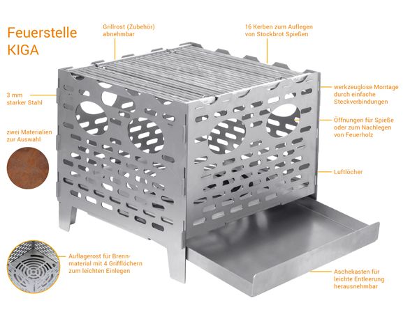 Feuerstelle KIGA aus korrodierendem Stahl, inkl. Stockbrot-Fiebel