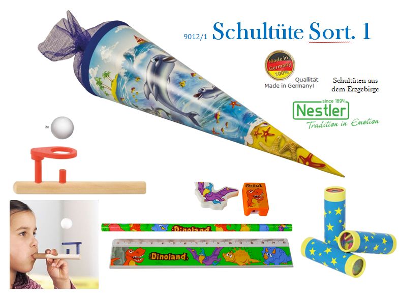 Zuckertüte / Schultüte Delfine & Tier ABC sortiert mit Inhalt - Sortiment 1