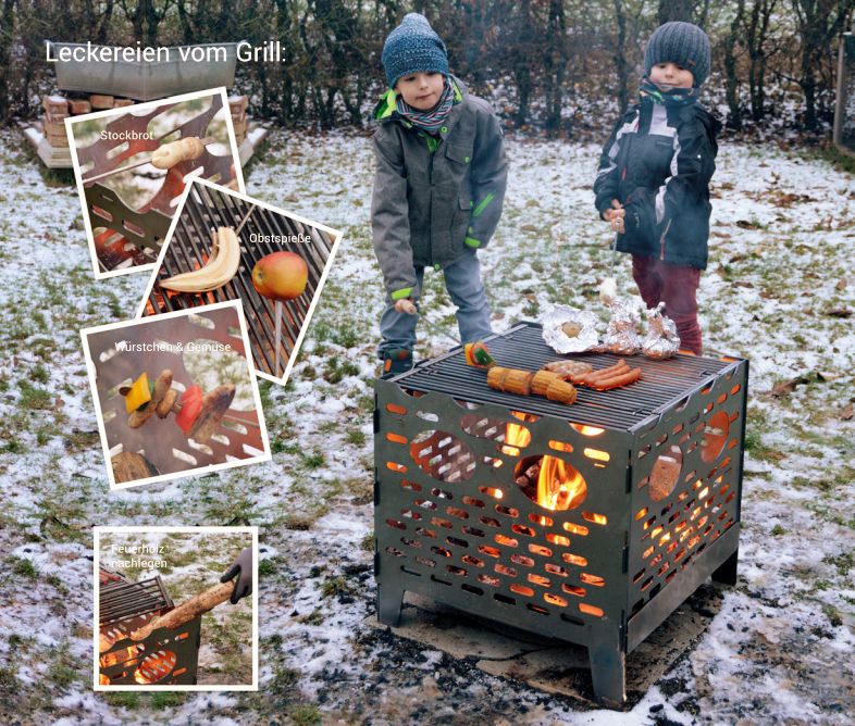 Feuerstelle KIGA aus korrodierendem Stahl, inkl. Stockbrot-Fiebel