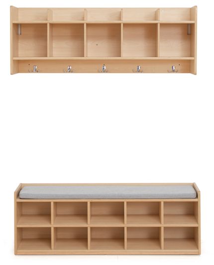 Garderobe mit 5 Plätzen - Set aus Garderonenablage & Garderobensitzbank mit Sitzkissen, "Owlaf"